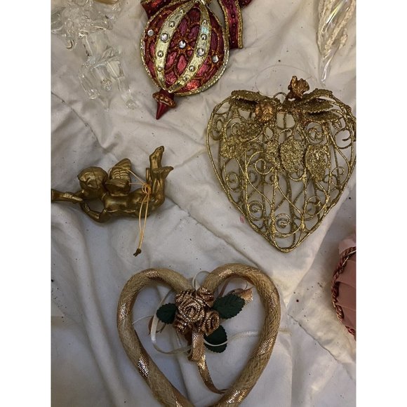 Victorian vintage ornaments heart lace gold pink Glass Flower Cherubs papermache - Picture 4 of 16